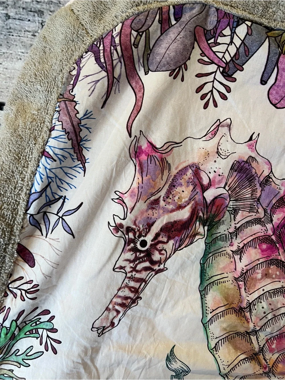 Sun of a Beach Baby Beach Towel Seahorse Seagrass Print Pink Green Grey Boutique
